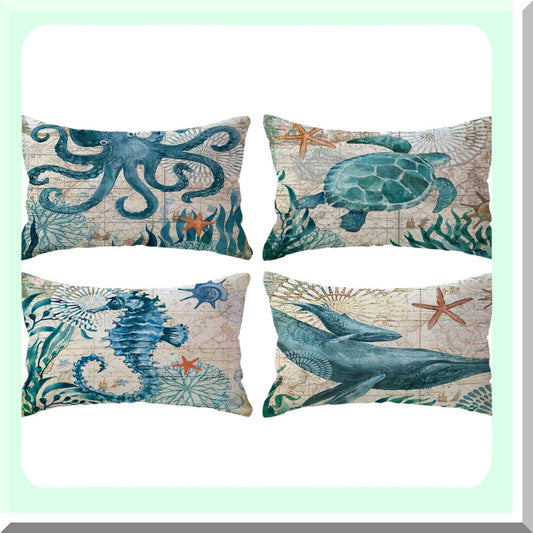 Coastal Breeze Nautical Pillow Covers - Set of 4 Mediterranean Style Sea Theme Decorative Lumbar Cushion Covers for Beach House/Sofa/Couch, 12 X 20 Inch