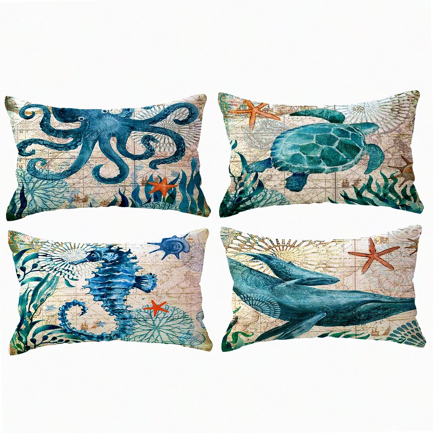 Coastal Breeze Nautical Pillow Covers - Set of 4 Mediterranean Style Sea Theme Decorative Lumbar Cushion Covers for Beach House/Sofa/Couch, 12 X 20 Inch