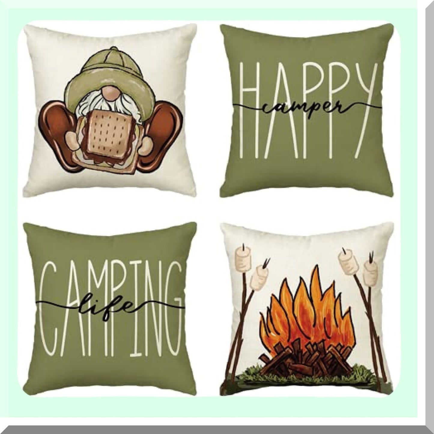 Campfire Cozy Pillow Cover Set - 18x18 Gnome S'More Decor - Happy Camper Camping Life Sofa Couch Accessories - Set of 4 Outdoor Adventure Throw Pillows