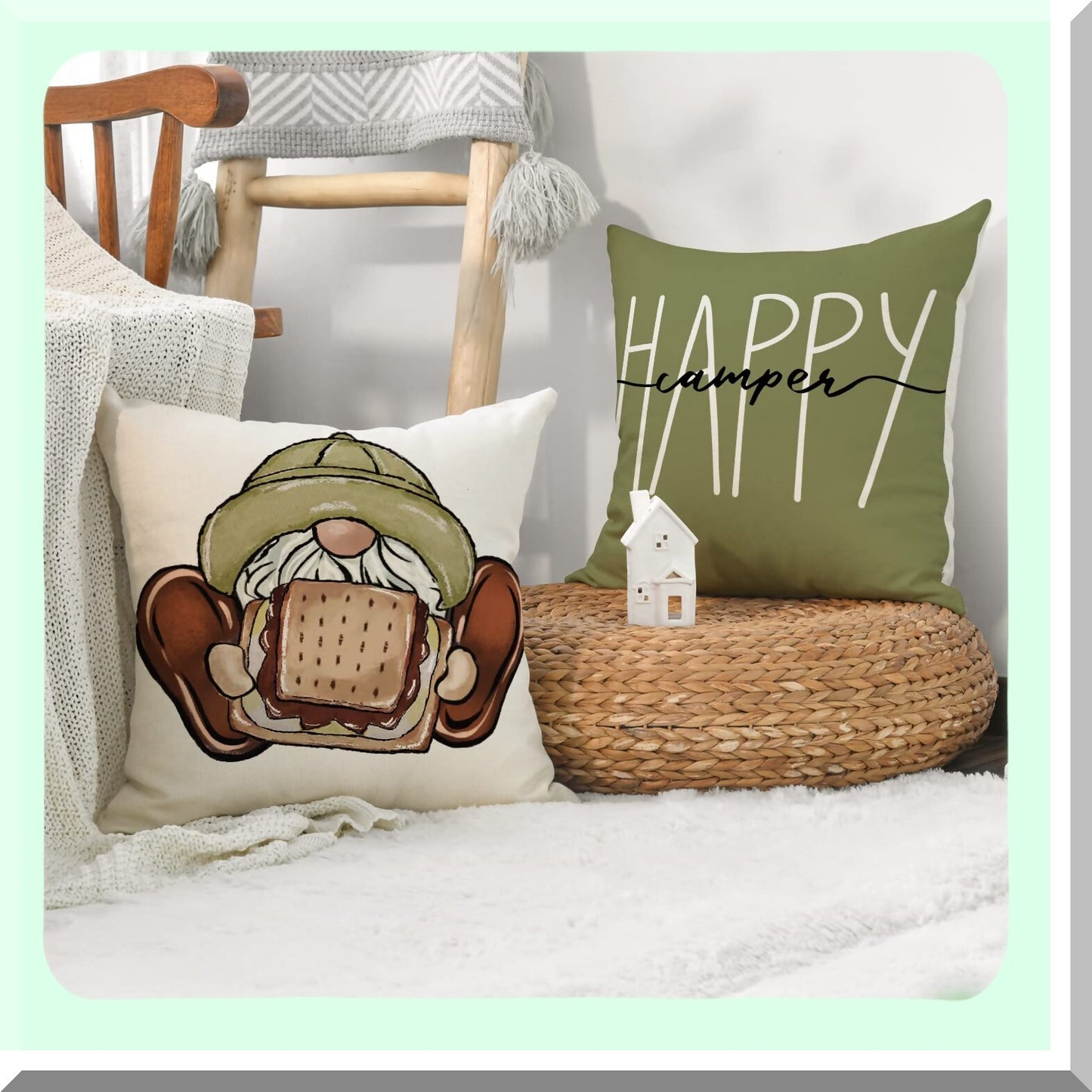 Campfire Cozy Pillow Cover Set - 18x18 Gnome S'More Decor - Happy Camper Camping Life Sofa Couch Accessories - Set of 4 Outdoor Adventure Throw Pillows