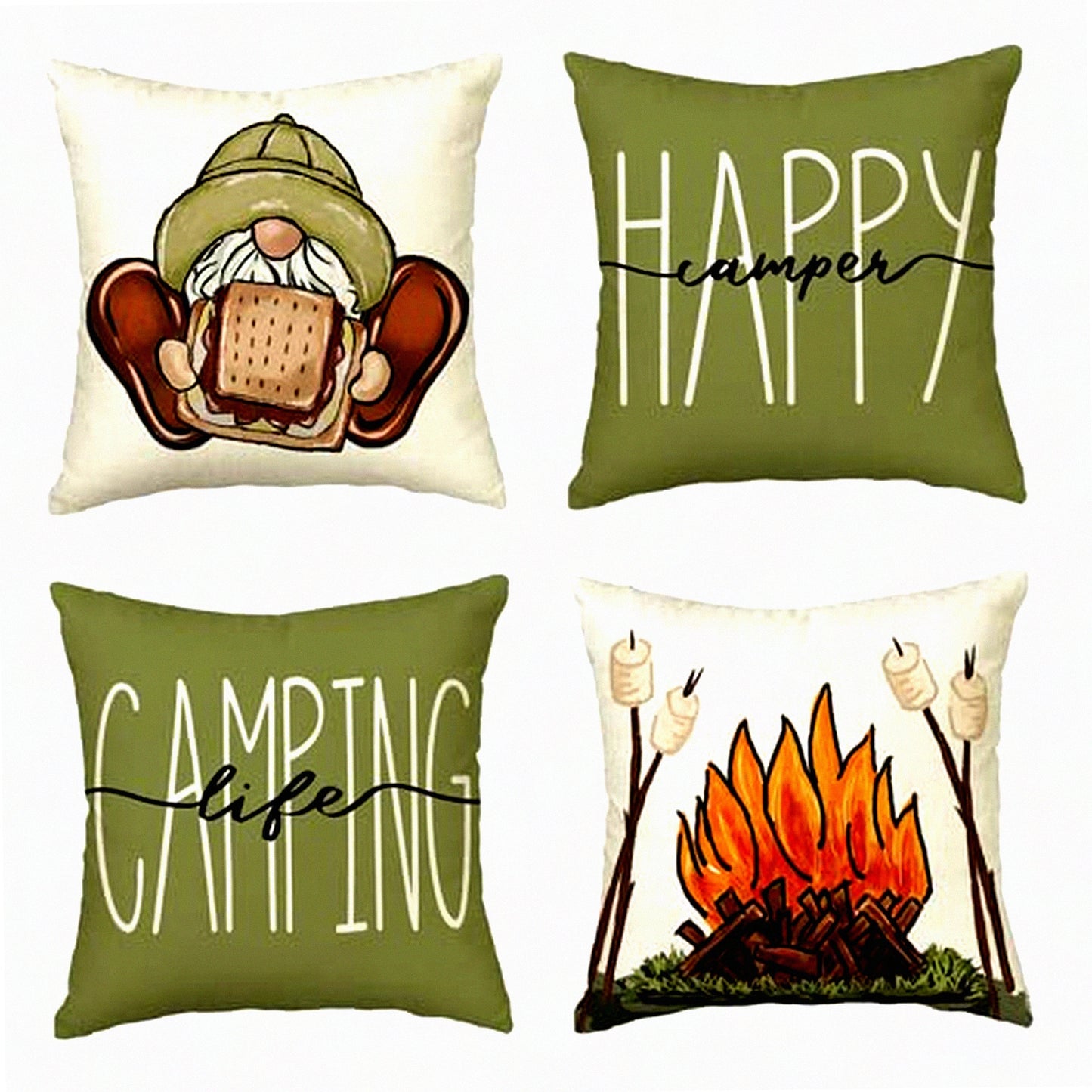 Campfire Cozy Pillow Cover Set - 18x18 Gnome S'More Decor - Happy Camper Camping Life Sofa Couch Accessories - Set of 4 Outdoor Adventure Throw Pillows