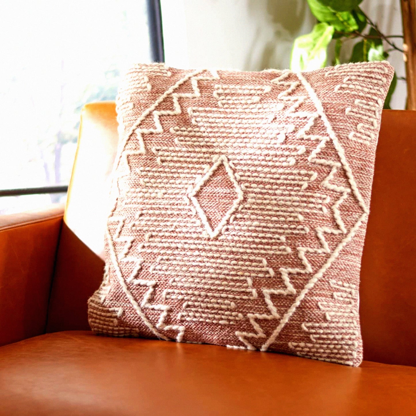Peachy Boho Tribal Southwestern Decorative Pillow - 18" Brown Square