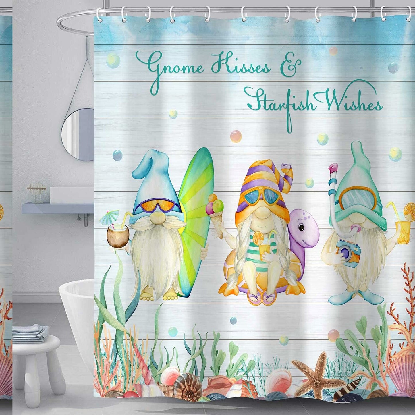Summer Gnome Shower Curtain Tropical Starfish Seashells Coral 69x70 Inch