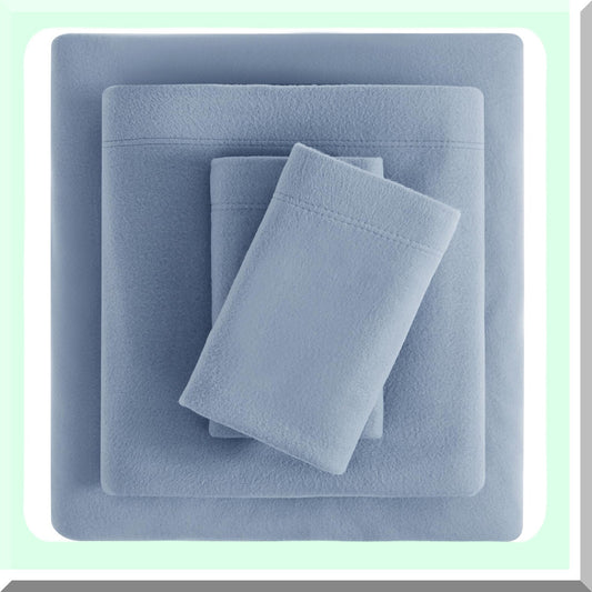 Winter Bliss Plush Fleece Queen Bed Sheet Set - Soft Velour Velvet Sheets, Extra Warm with Deep Pocket - Pearl Blue Queen Bedding