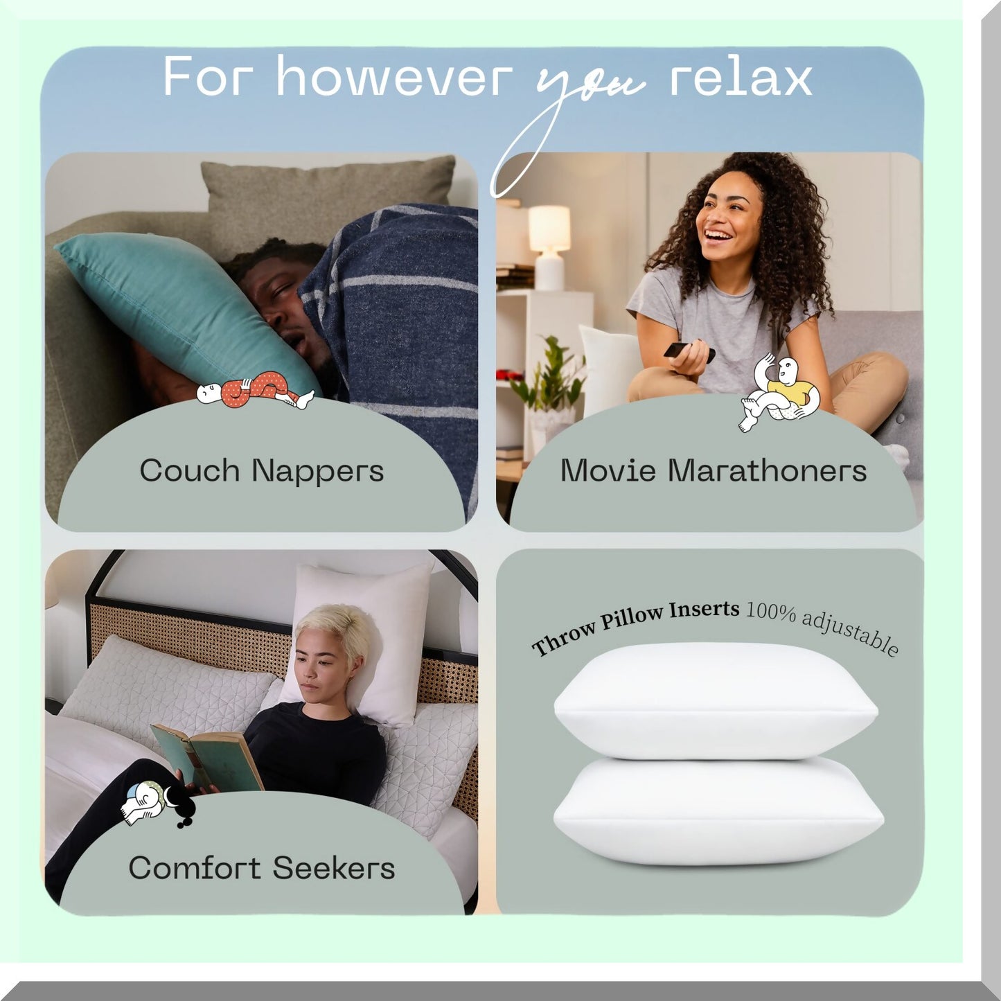 MemoryFoam Comfort Pack - 18x18 White Insert Set | Adjustable Fill, Lightweight Down Alternative | Indoor Decorative Accent Pillows for Sofa, Bed, Couch (Pack of 2)