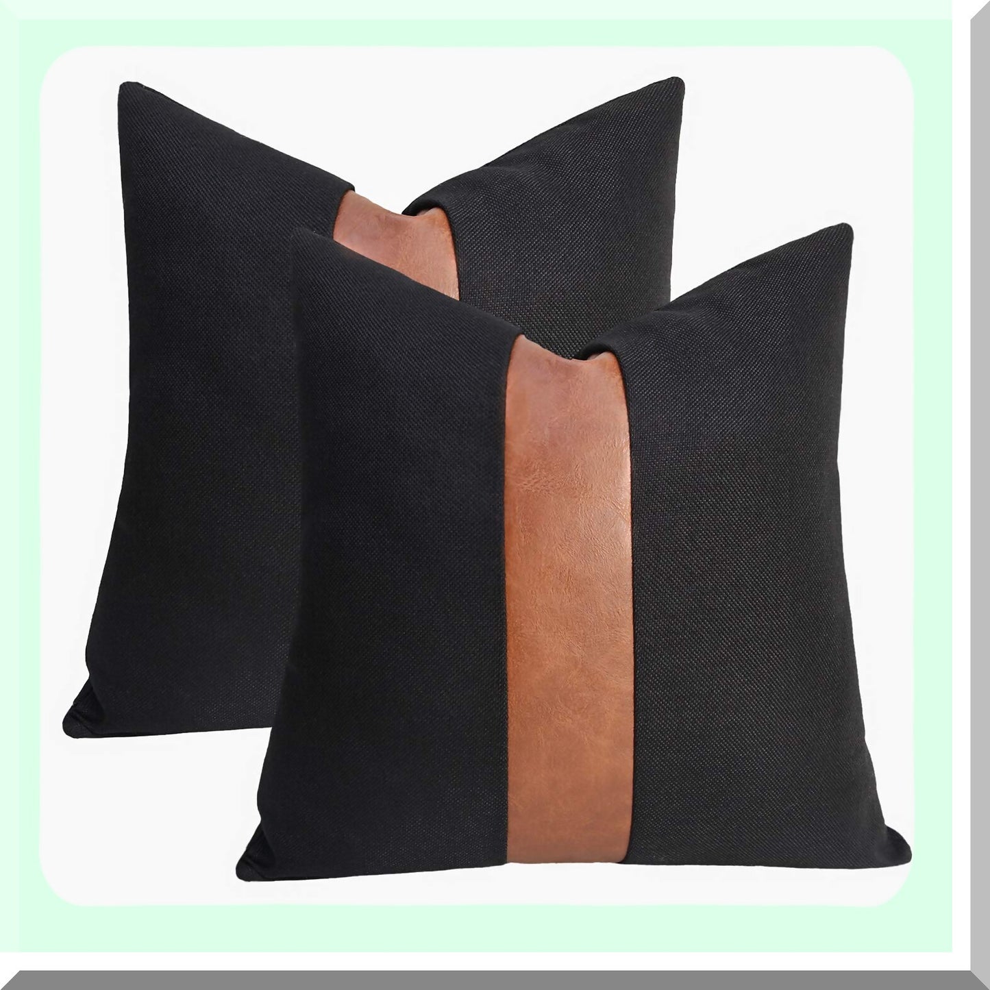 Black Linen Patchwork Leather Throw Pillow Covers - Set of 2 | Modern Accent Decorative Square Cushion Covers for Couch, Living Room, Bedroom | 20x20 inch