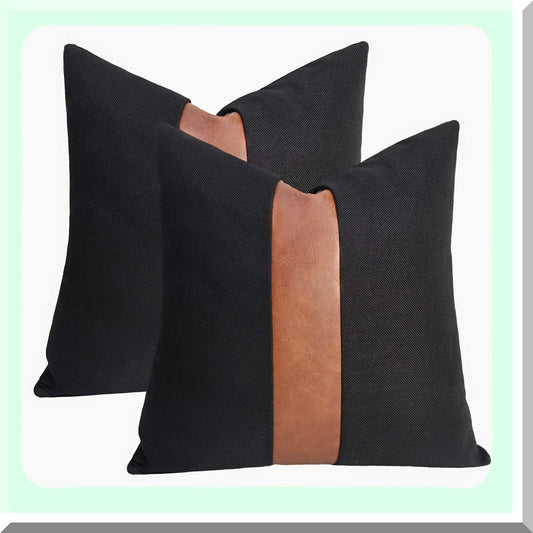Black Linen Patchwork Leather Throw Pillow Covers - Set of 2 | Modern Accent Decorative Square Cushion Covers for Couch, Living Room, Bedroom | 20x20 inch