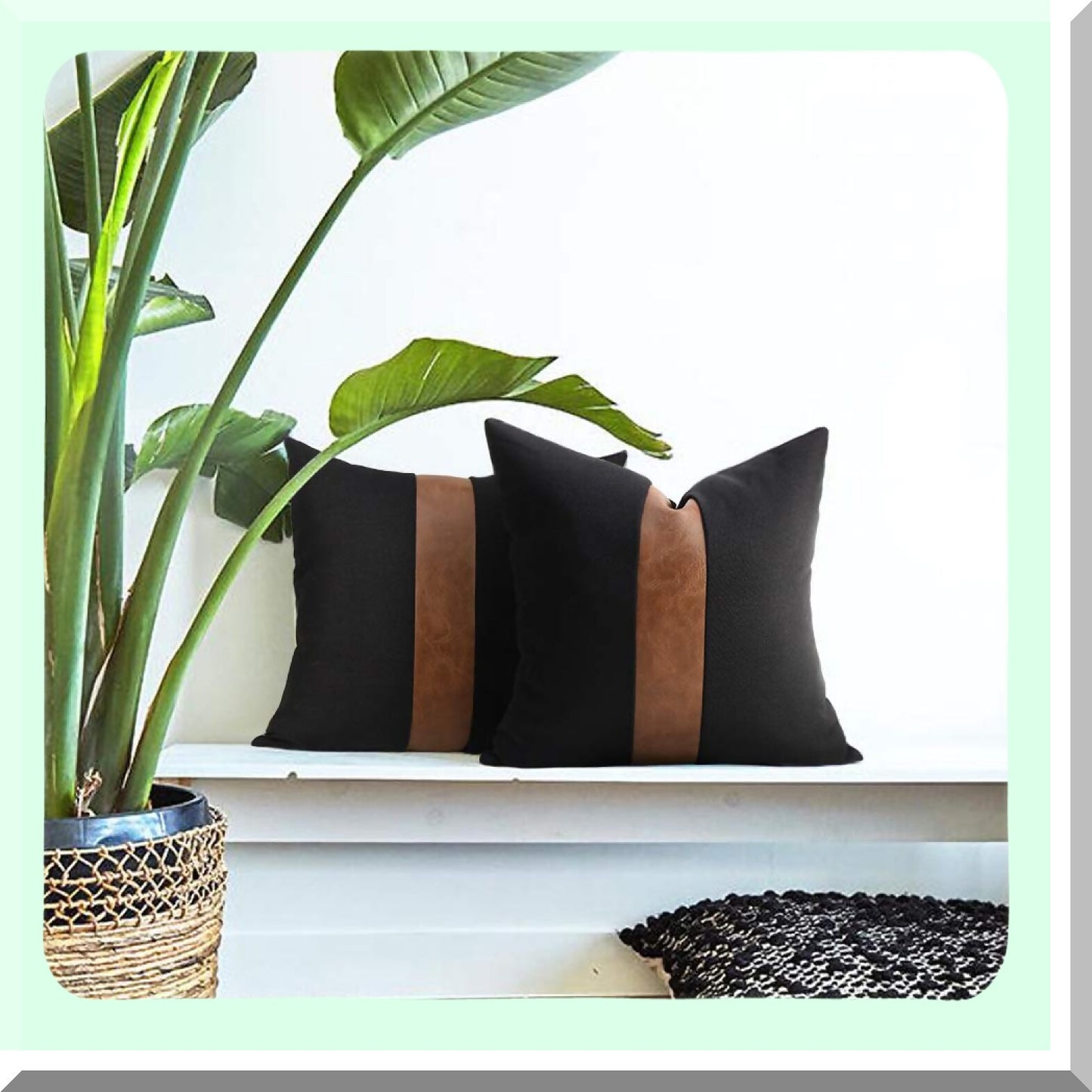 Black Linen Patchwork Leather Throw Pillow Covers - Set of 2 | Modern Accent Decorative Square Cushion Covers for Couch, Living Room, Bedroom | 20x20 inch