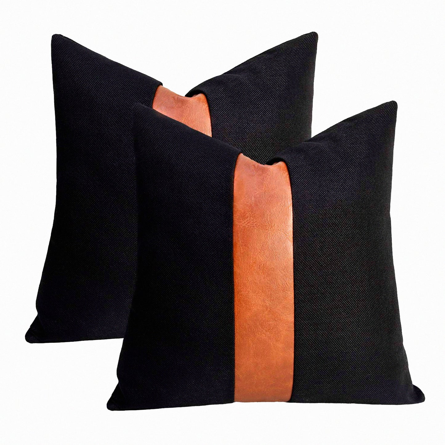 Black Linen Patchwork Leather Throw Pillow Covers - Set of 2 | Modern Accent Decorative Square Cushion Covers for Couch, Living Room, Bedroom | 20x20 inch