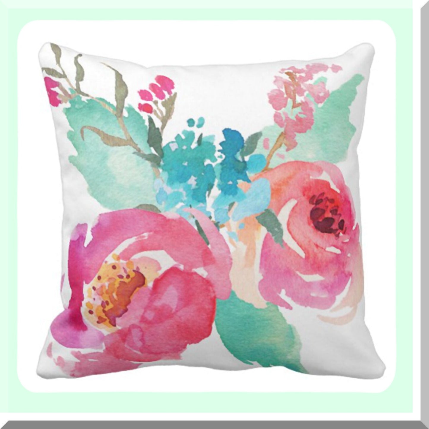 Watercolor Peonies Summer Bouquet Pillow Cover - Girly Decorative Cushion Case for Home Decor - Pink Turquoise Square 18x18 Inch Pillowcase