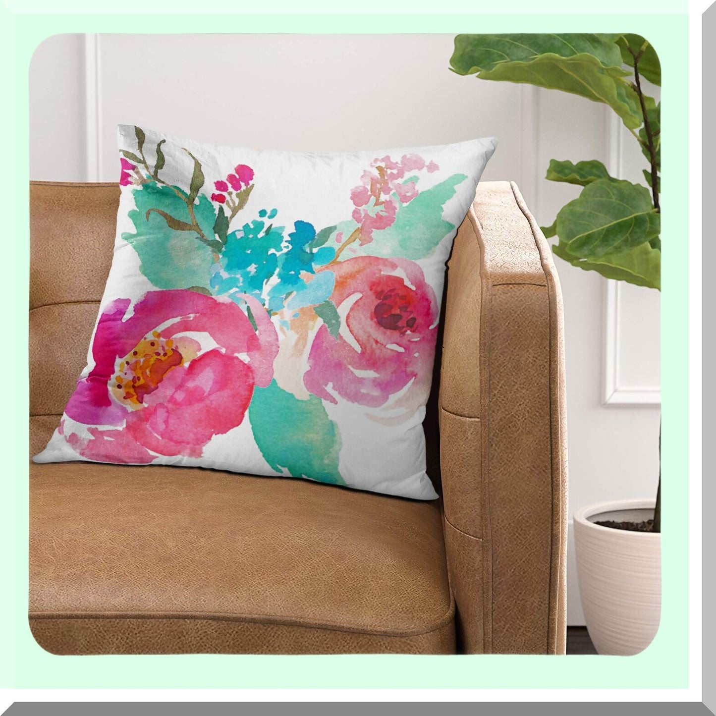 Watercolor Peonies Summer Bouquet Pillow Cover - Girly Decorative Cushion Case for Home Decor - Pink Turquoise Square 18x18 Inch Pillowcase