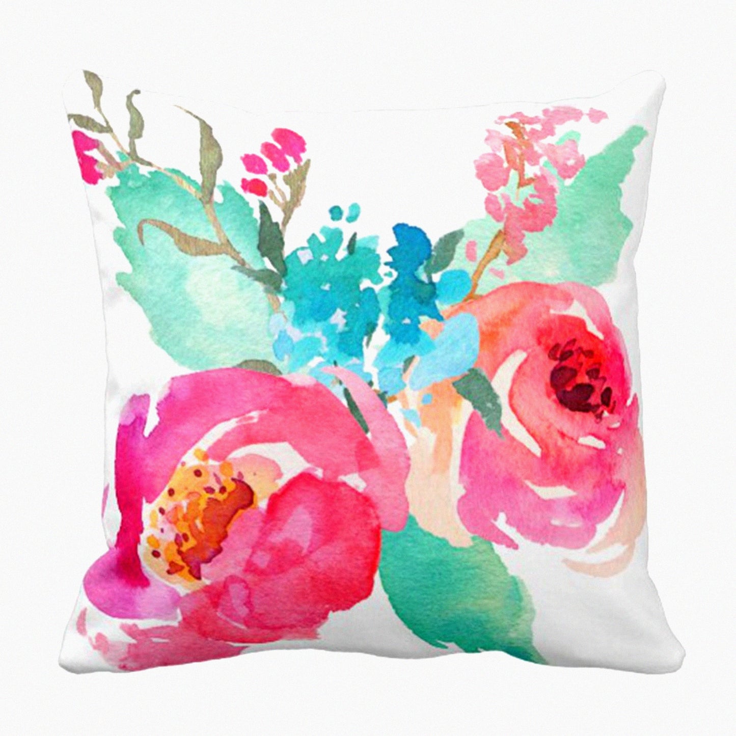 Watercolor Peonies Summer Bouquet Pillow Cover - Girly Decorative Cushion Case for Home Decor - Pink Turquoise Square 18x18 Inch Pillowcase