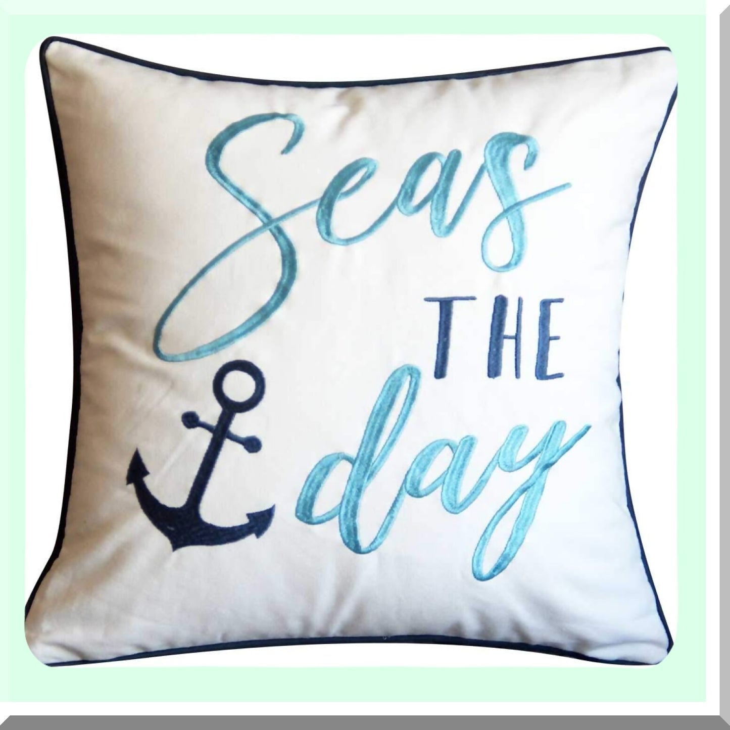 Seas Daydream Embroidered Pillow Cover - Coastal Decorative Square Canvas Throw Pillow Cover 18" with Nautical Seas Day Pattern - Cover Only