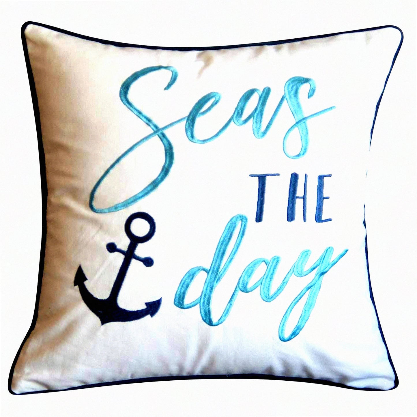 Seas Daydream Embroidered Pillow Cover - Coastal Decorative Square Canvas Throw Pillow Cover 18" with Nautical Seas Day Pattern - Cover Only