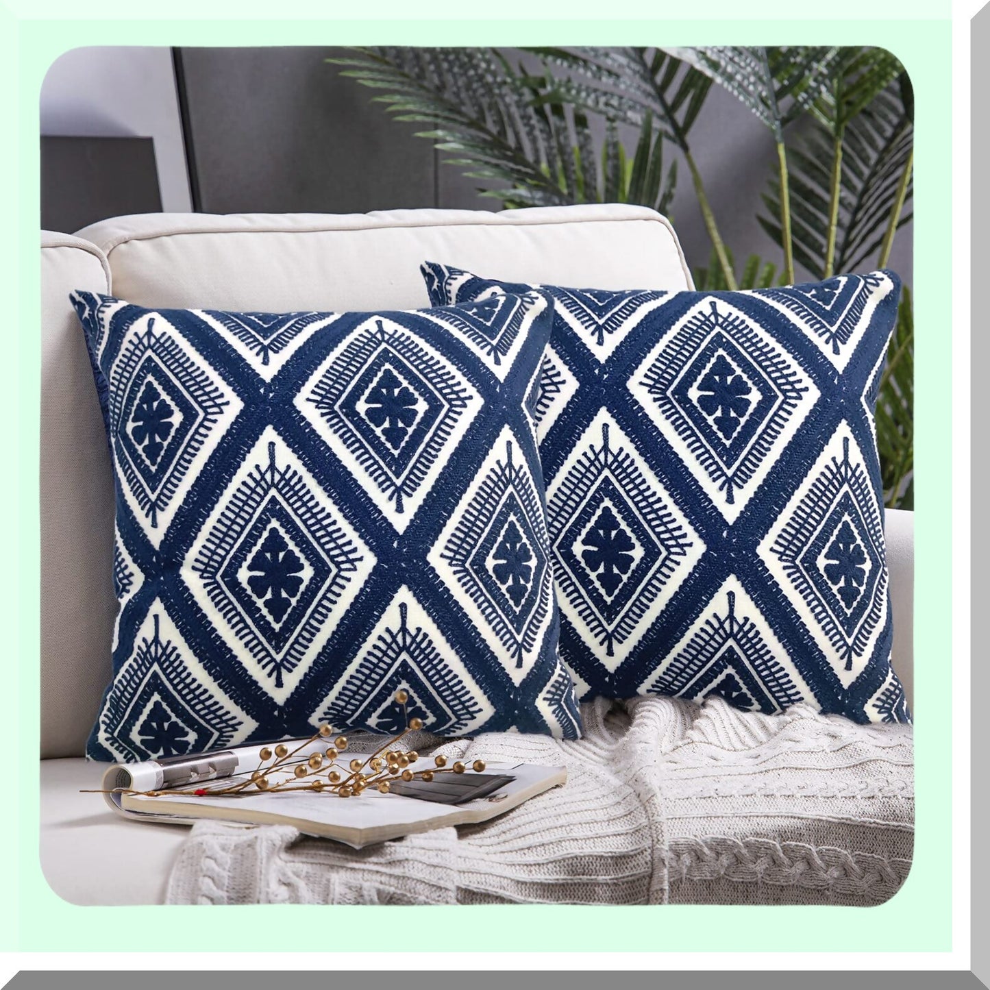 Boho Chic Geometric Throw Pillow Covers Set - Navy Blue 18x18 Inches - Modern Decorative Cushion Cases for Sofa Couch Bed - Living Room Accent Pieces