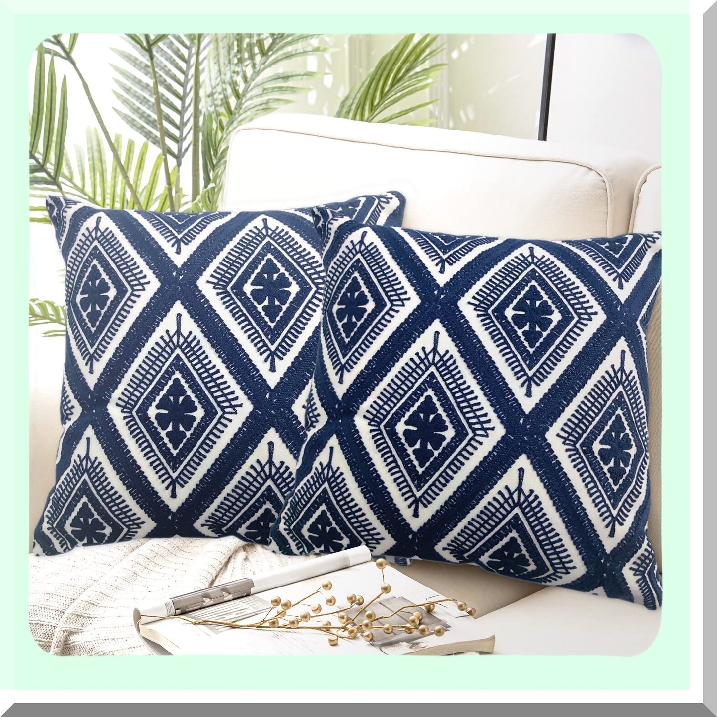 Boho Chic Geometric Throw Pillow Covers Set - Navy Blue 18x18 Inches - Modern Decorative Cushion Cases for Sofa Couch Bed - Living Room Accent Pieces