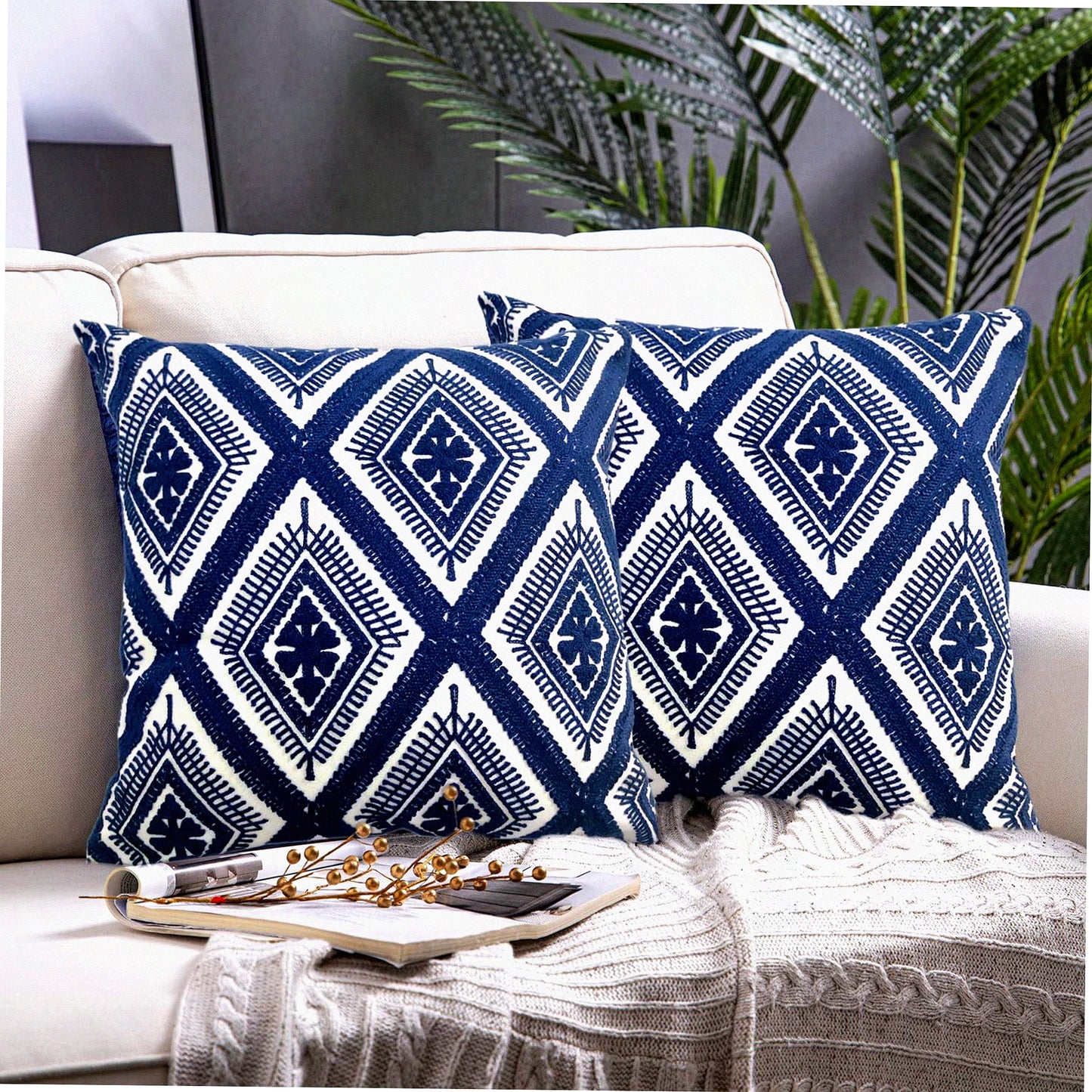 Boho Chic Geometric Throw Pillow Covers Set - Navy Blue 18x18 Inches - Modern Decorative Cushion Cases for Sofa Couch Bed - Living Room Accent Pieces