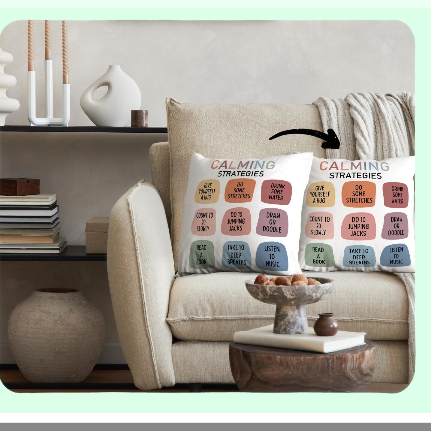 CalmVibe Double-Sided Pillow Covers - 18x18 Inch, Mental Health Therapy Cases for Kids & Teens, Positive Decor for Bedroom & Living Room
