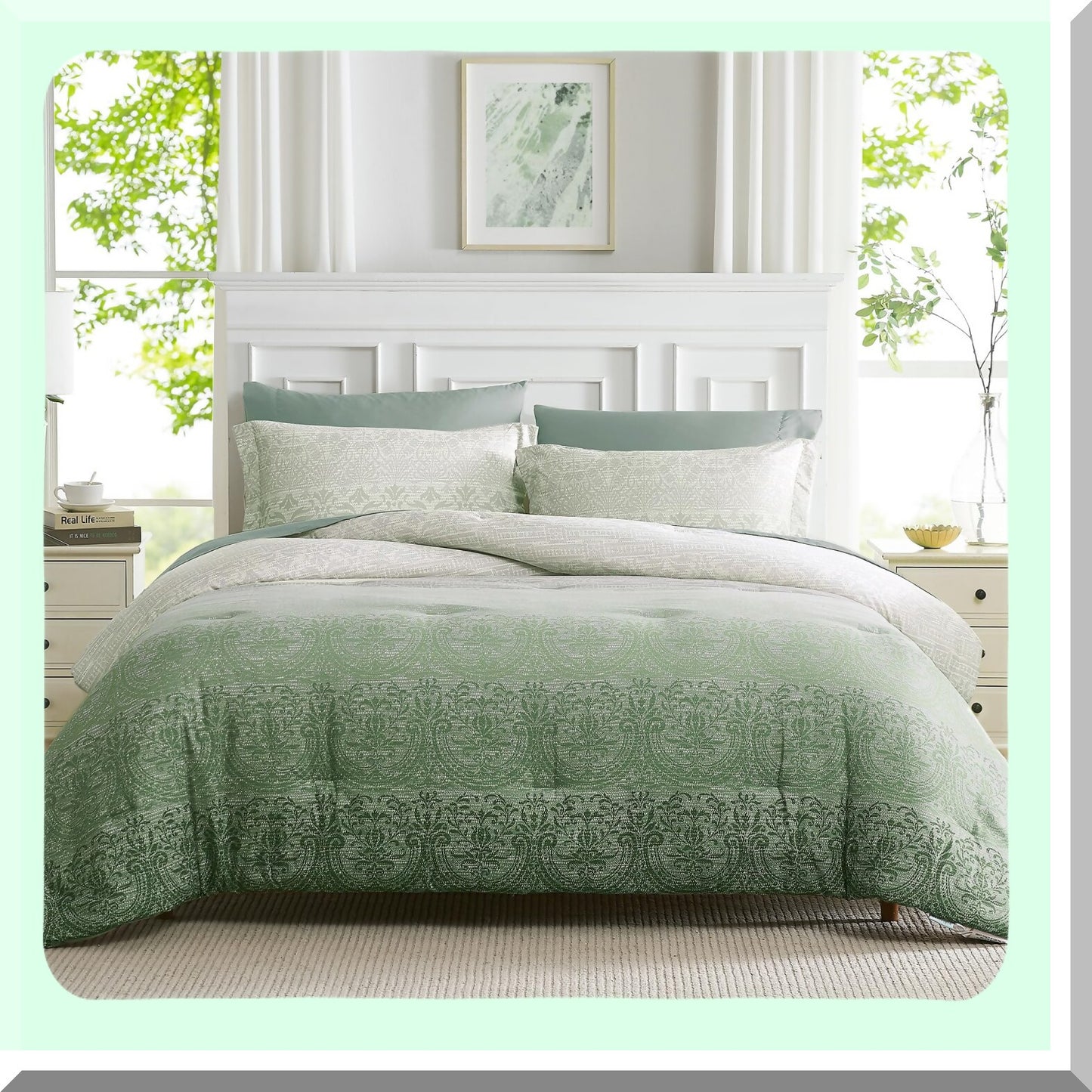 Sage Green Twin Comforter Set - 5 Piece Bedding Bundle for All Seasons: Comforters, Flat Sheet, Fitted Sheet, Pillowcases, Shams - 66''x86'' Twin Size