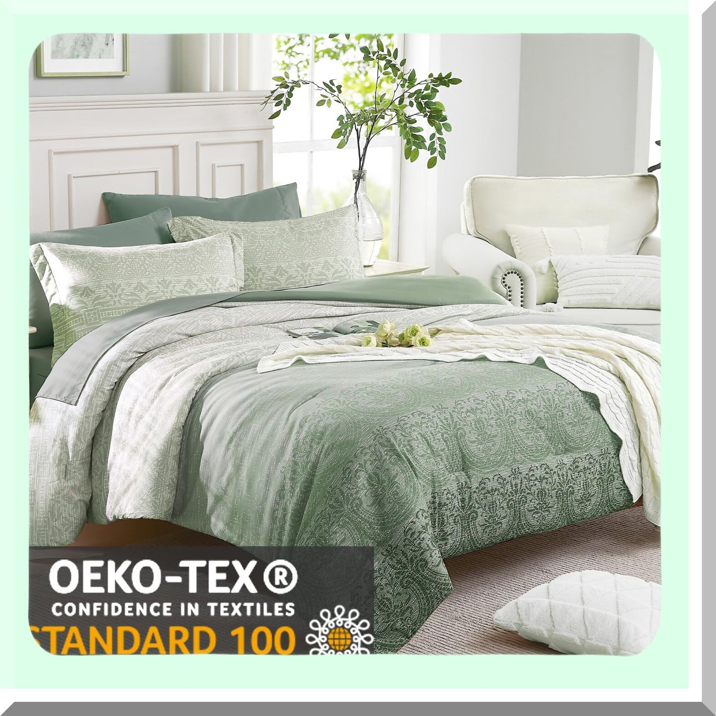 Sage Green Twin Comforter Set - 5 Piece Bedding Bundle for All Seasons: Comforters, Flat Sheet, Fitted Sheet, Pillowcases, Shams - 66''x86'' Twin Size