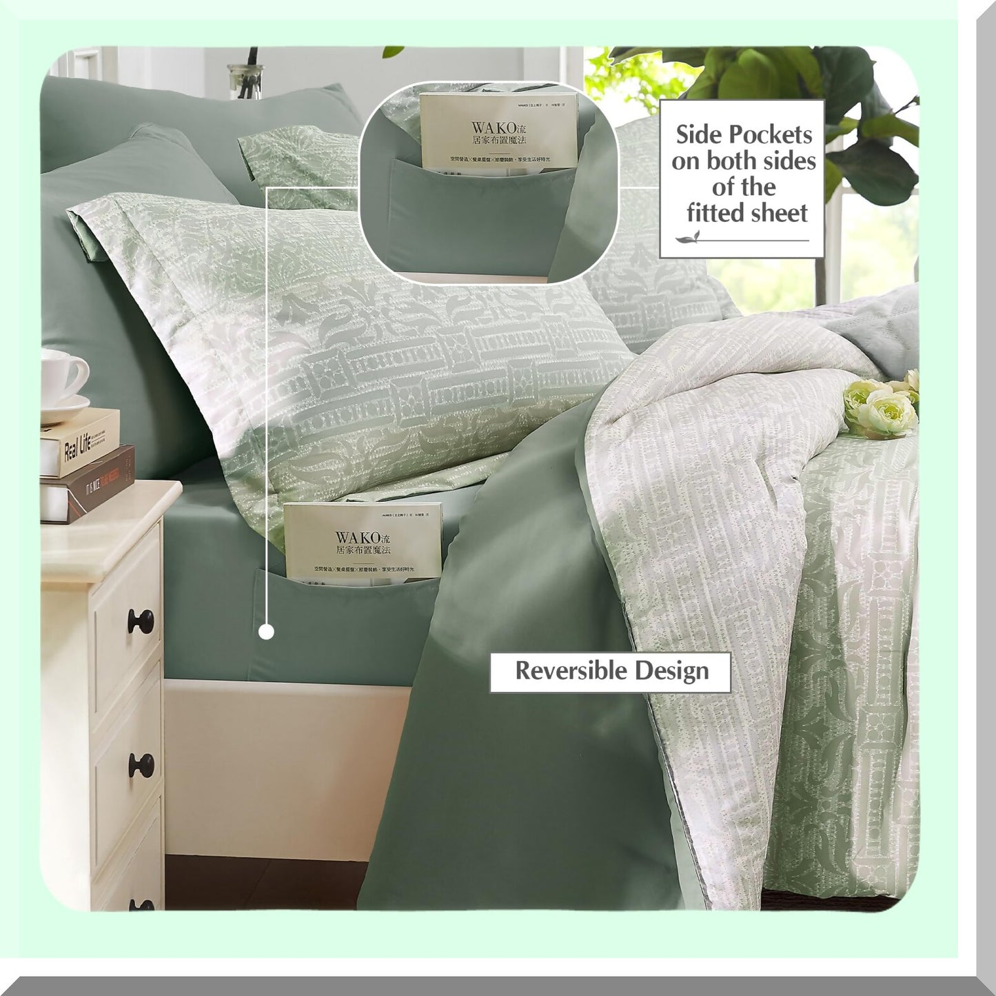 Sage Green Twin Comforter Set - 5 Piece Bedding Bundle for All Seasons: Comforters, Flat Sheet, Fitted Sheet, Pillowcases, Shams - 66''x86'' Twin Size