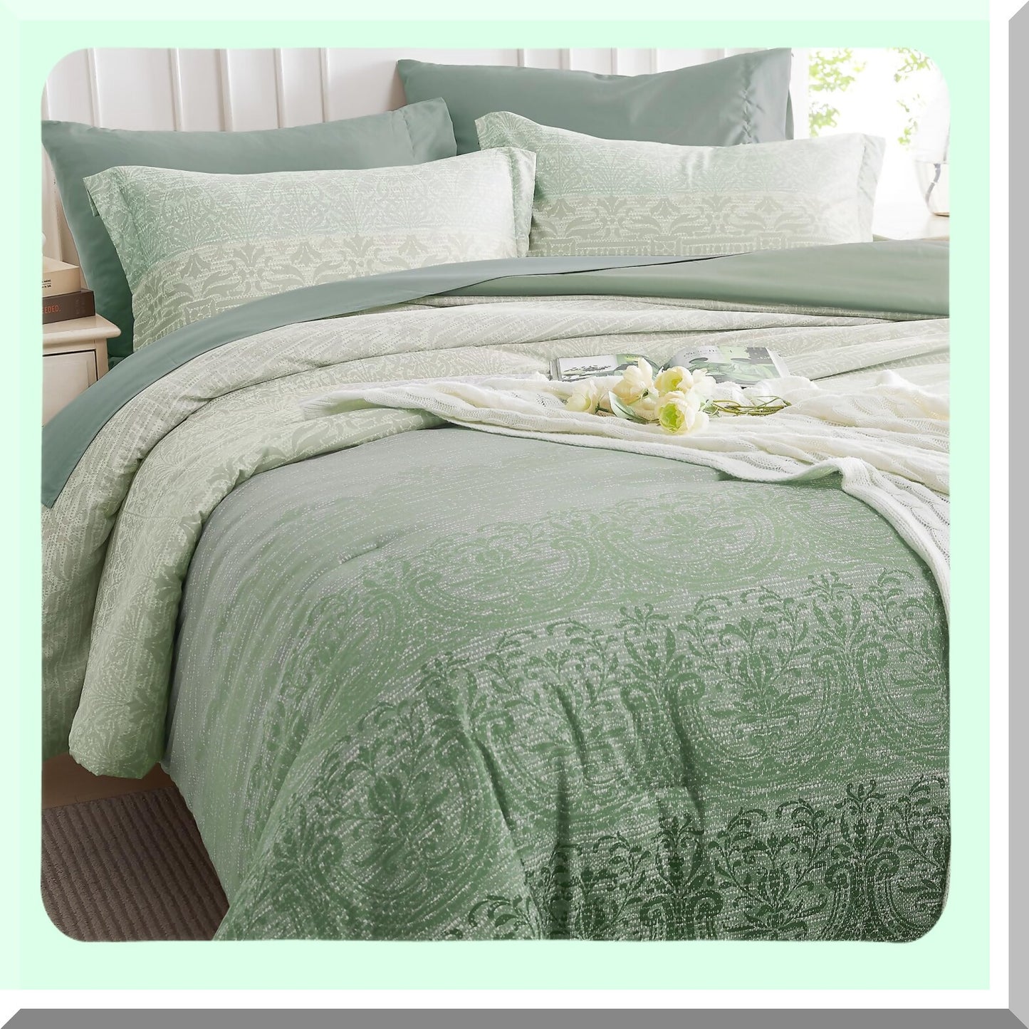 Sage Green Twin Comforter Set - 5 Piece Bedding Bundle for All Seasons: Comforters, Flat Sheet, Fitted Sheet, Pillowcases, Shams - 66''x86'' Twin Size