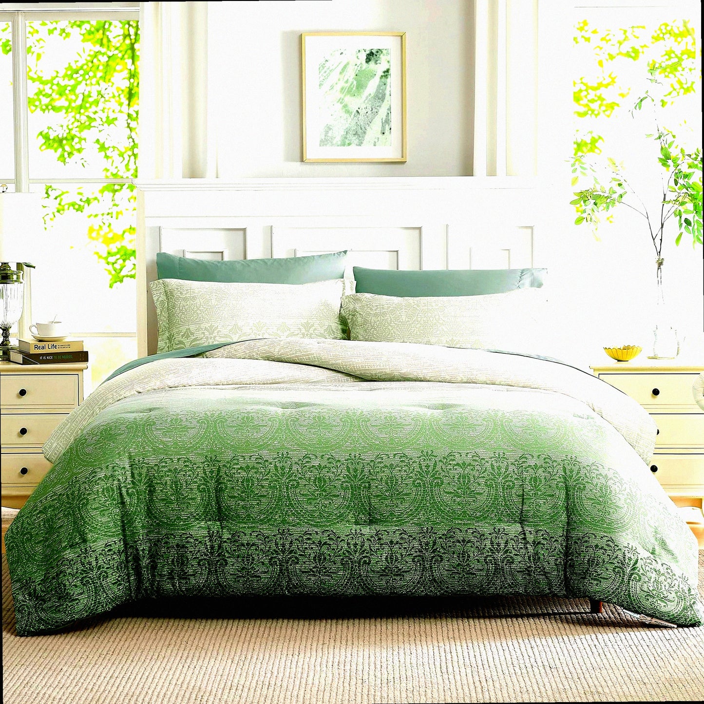 Sage Green Twin Comforter Set - 5 Piece Bedding Bundle for All Seasons: Comforters, Flat Sheet, Fitted Sheet, Pillowcases, Shams - 66''x86'' Twin Size