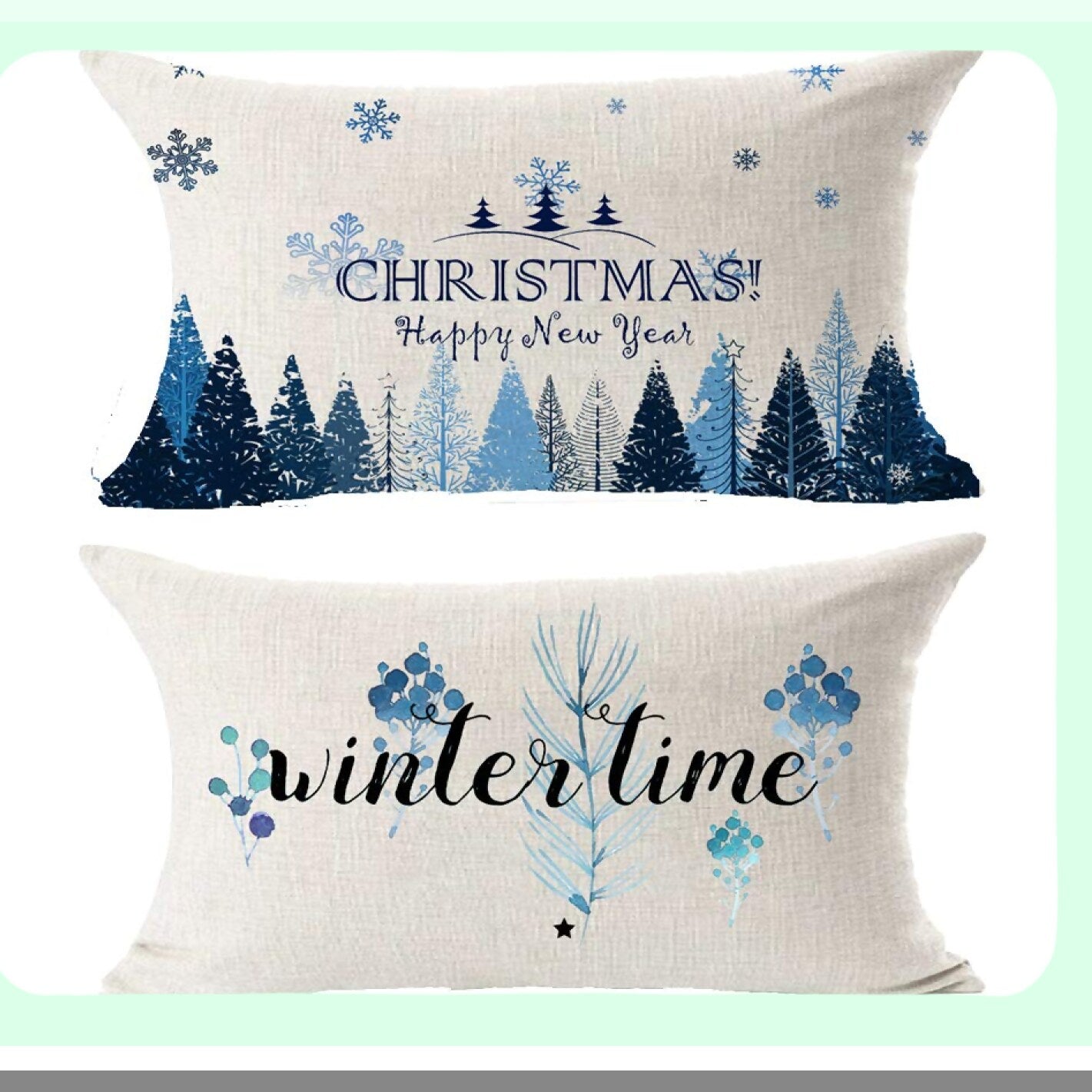 Snowflake Pine Lumbar Pillowcase - Festive Blue New Year Decorative Throw Pillow Cover for Bed Couch Office - Cotton Linen Cushion Case 12x20"