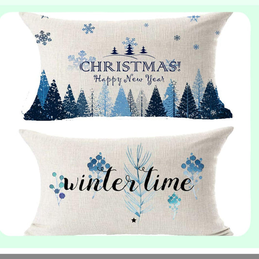 Snowflake Pine Lumbar Pillowcase - Festive Blue New Year Decorative Throw Pillow Cover for Bed Couch Office - Cotton Linen Cushion Case 12x20"