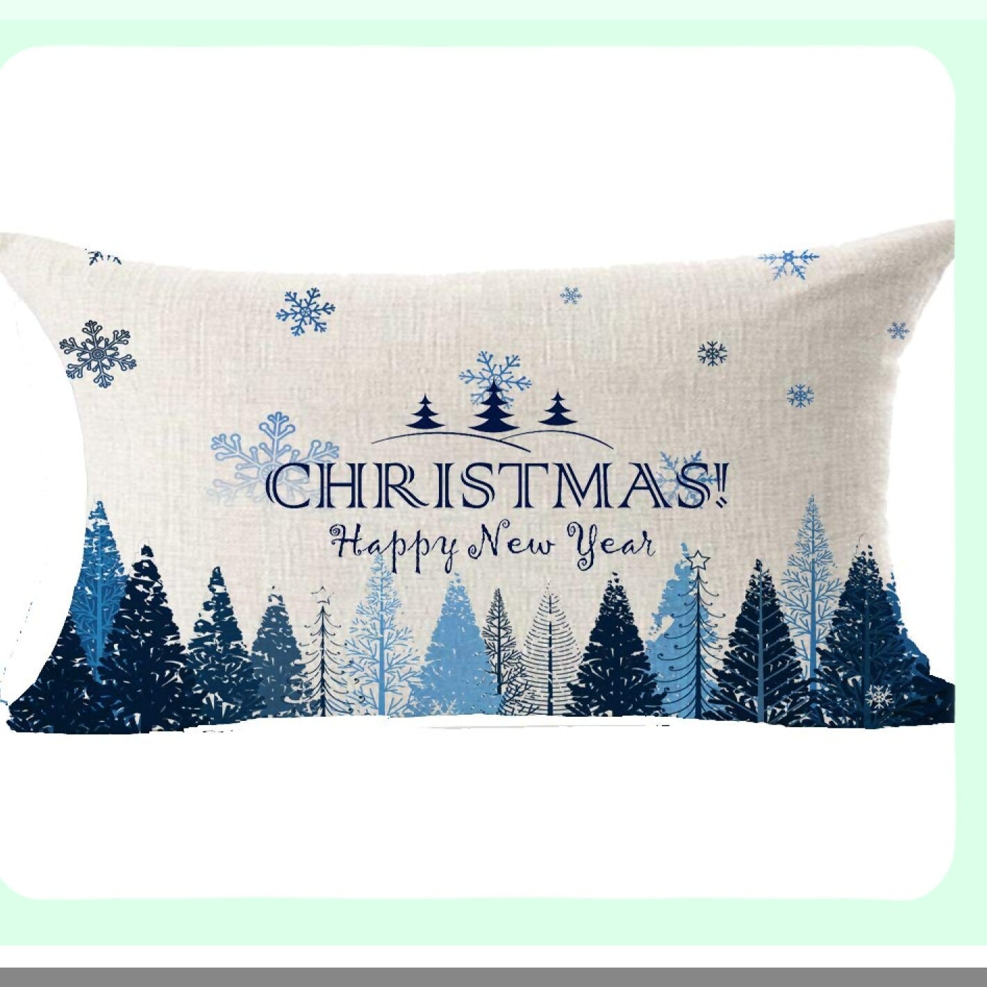 Snowflake Pine Lumbar Pillowcase - Festive Blue New Year Decorative Throw Pillow Cover for Bed Couch Office - Cotton Linen Cushion Case 12x20"