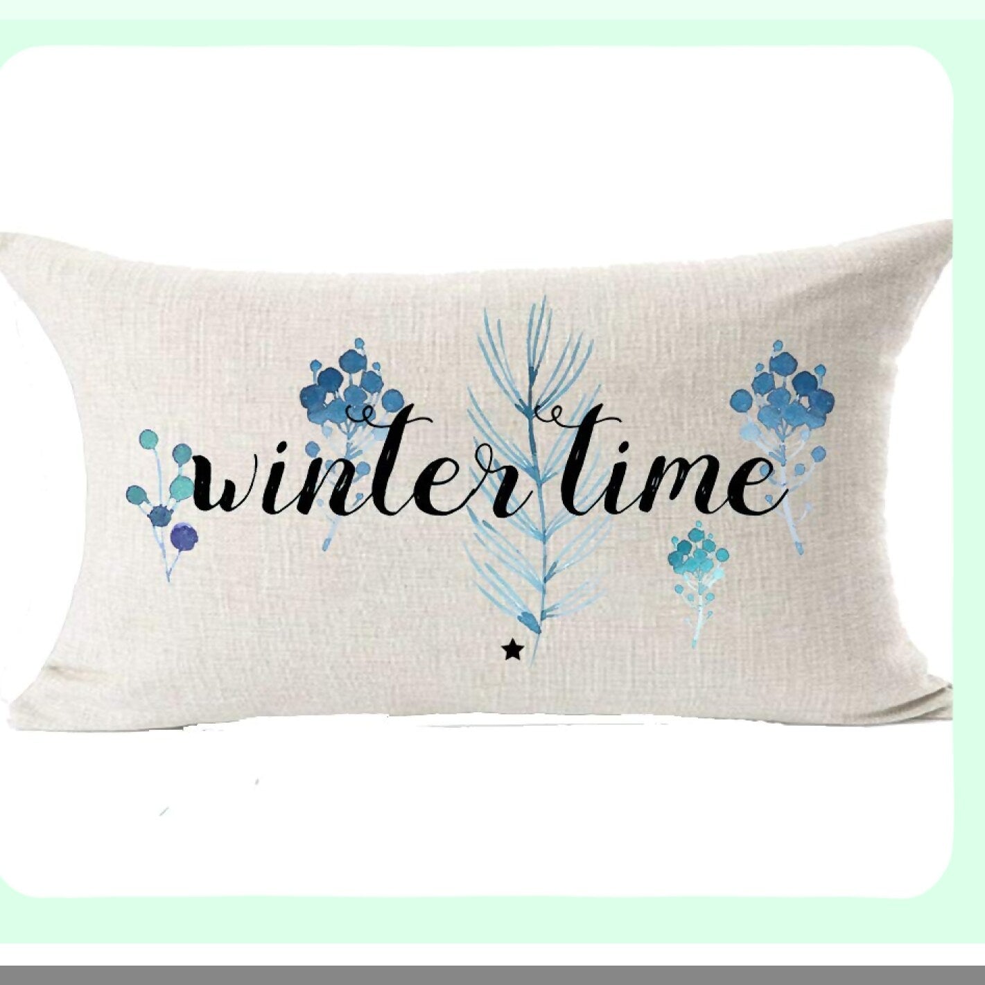 Snowflake Pine Lumbar Pillowcase - Festive Blue New Year Decorative Throw Pillow Cover for Bed Couch Office - Cotton Linen Cushion Case 12x20"