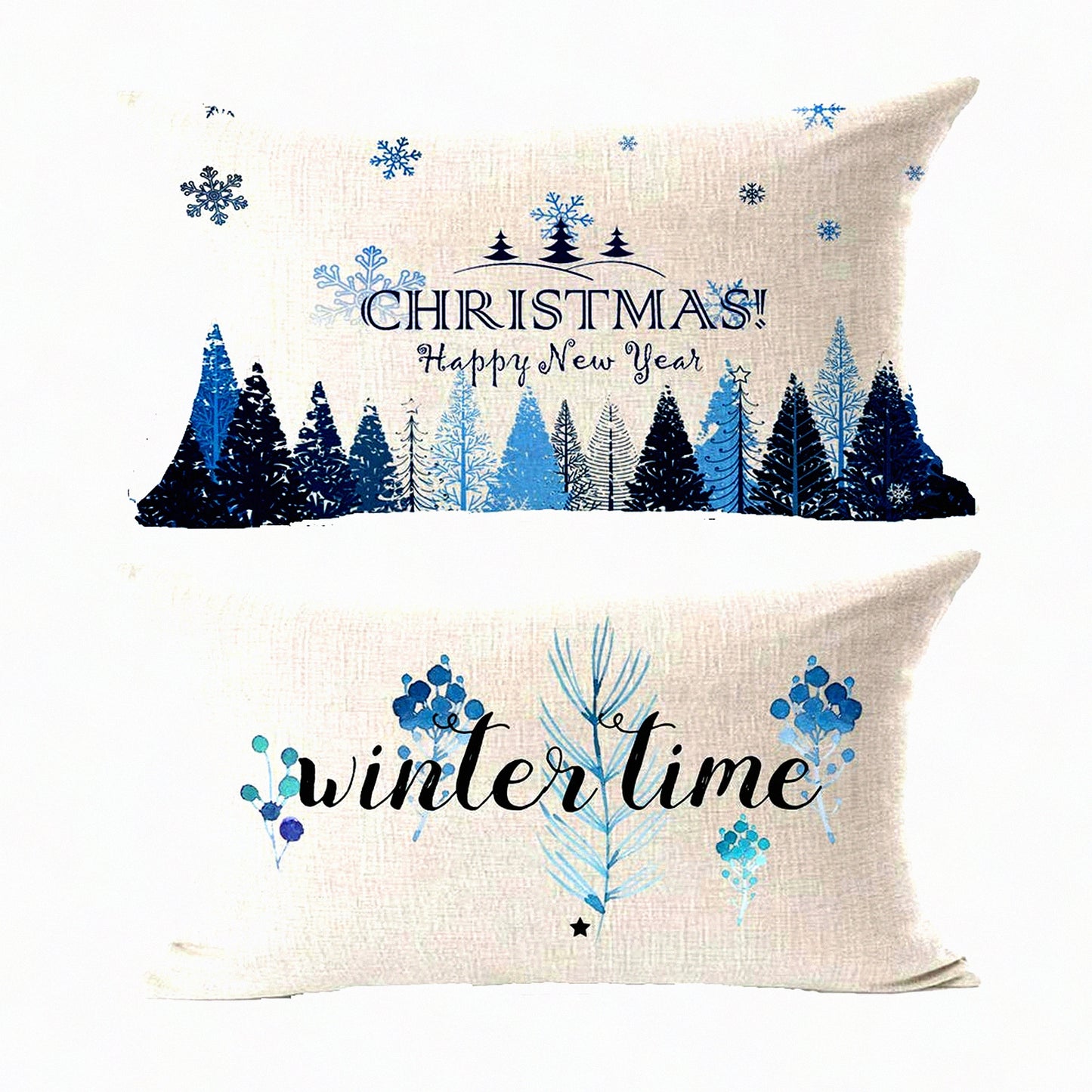 Snowflake Pine Lumbar Pillowcase - Festive Blue New Year Decorative Throw Pillow Cover for Bed Couch Office - Cotton Linen Cushion Case 12x20"