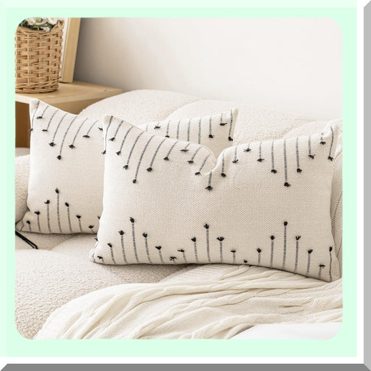 Neutral Farmhouse Lumbar Pillow Covers - Set of 2 Boho Textured Cushion Cases for Sofa & Couch. Modern Decorative Beige & Black Throw Pillowcase for Living Room Décor.