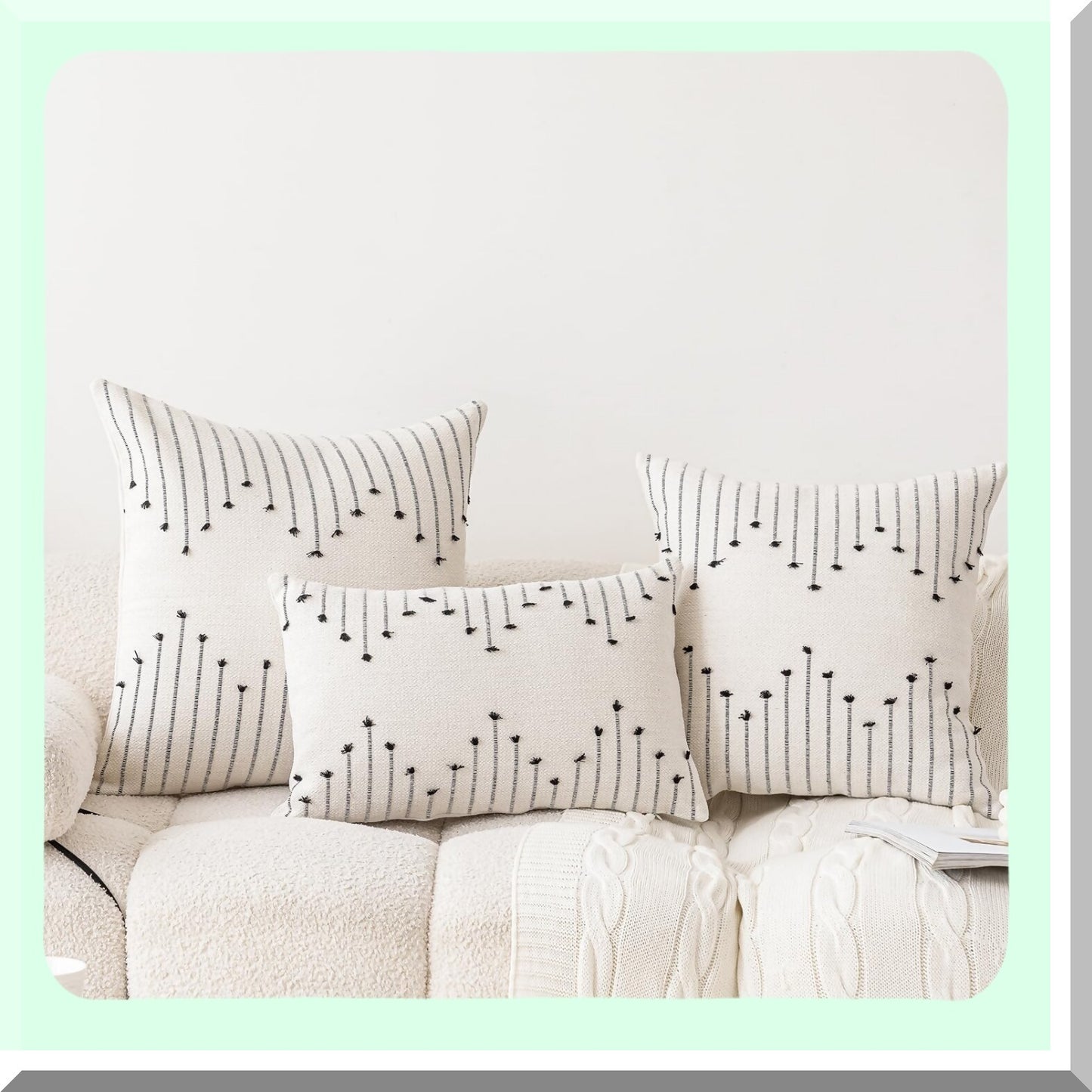 Neutral Farmhouse Lumbar Pillow Covers - Set of 2 Boho Textured Cushion Cases for Sofa & Couch. Modern Decorative Beige & Black Throw Pillowcase for Living Room Décor.