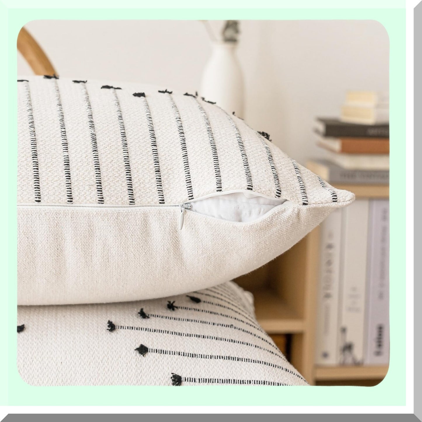 Neutral Farmhouse Lumbar Pillow Covers - Set of 2 Boho Textured Cushion Cases for Sofa & Couch. Modern Decorative Beige & Black Throw Pillowcase for Living Room Décor.