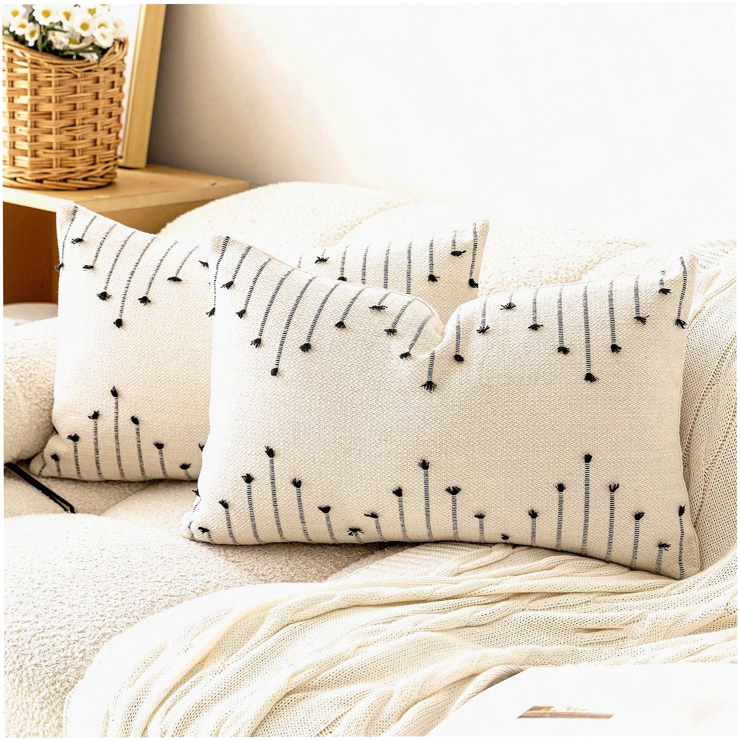 Neutral Farmhouse Lumbar Pillow Covers - Set of 2 Boho Textured Cushion Cases for Sofa & Couch. Modern Decorative Beige & Black Throw Pillowcase for Living Room Décor.