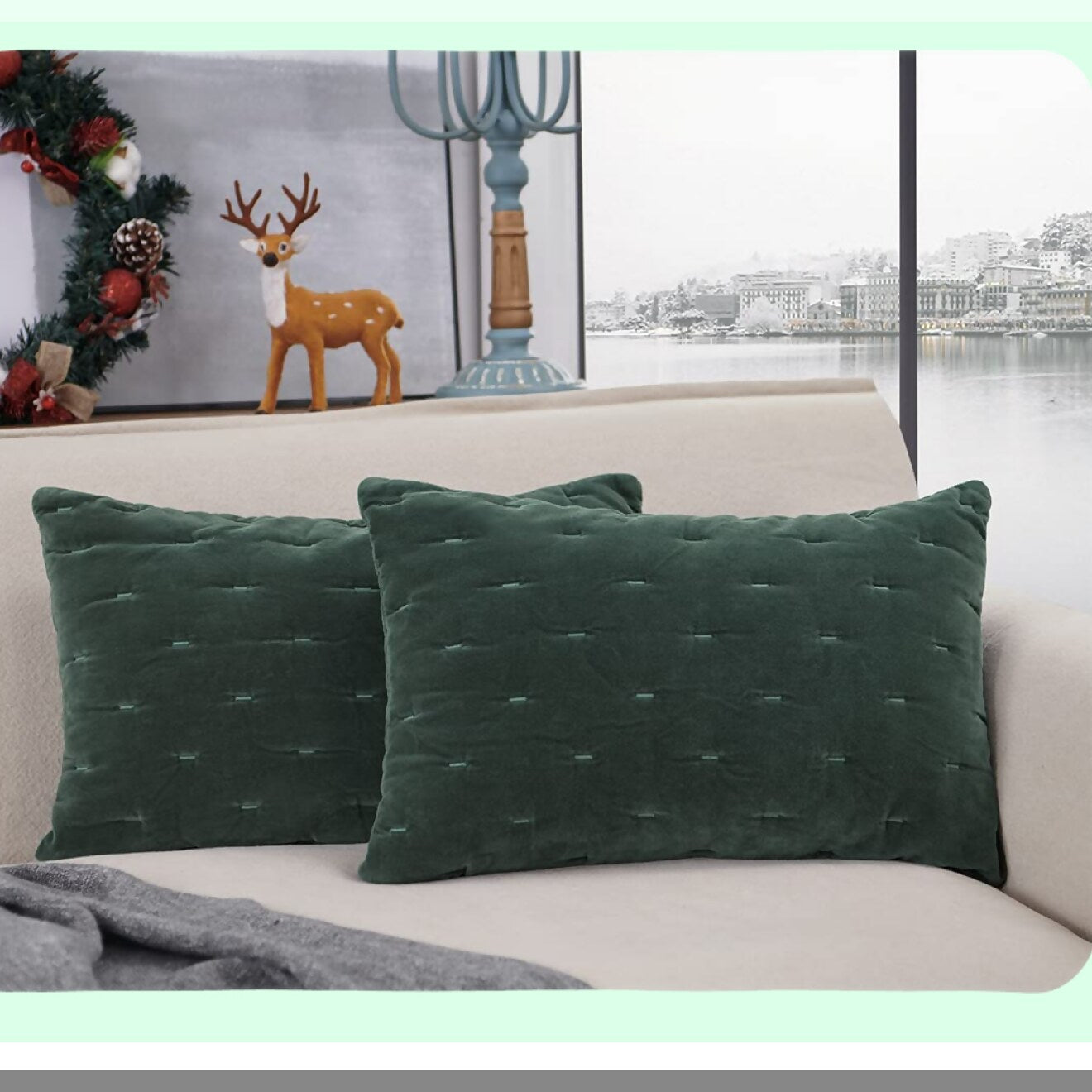 Green Velvet Lumbar Pillowcase Set - 14x20 Rectangle Throw Pillow Covers for Couch, Sofa, Bed - Living Room Chair Decor - Pack of 2