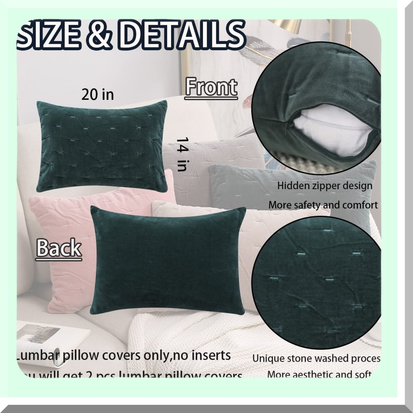 Green Velvet Lumbar Pillowcase Set - 14x20 Rectangle Throw Pillow Covers for Couch, Sofa, Bed - Living Room Chair Decor - Pack of 2