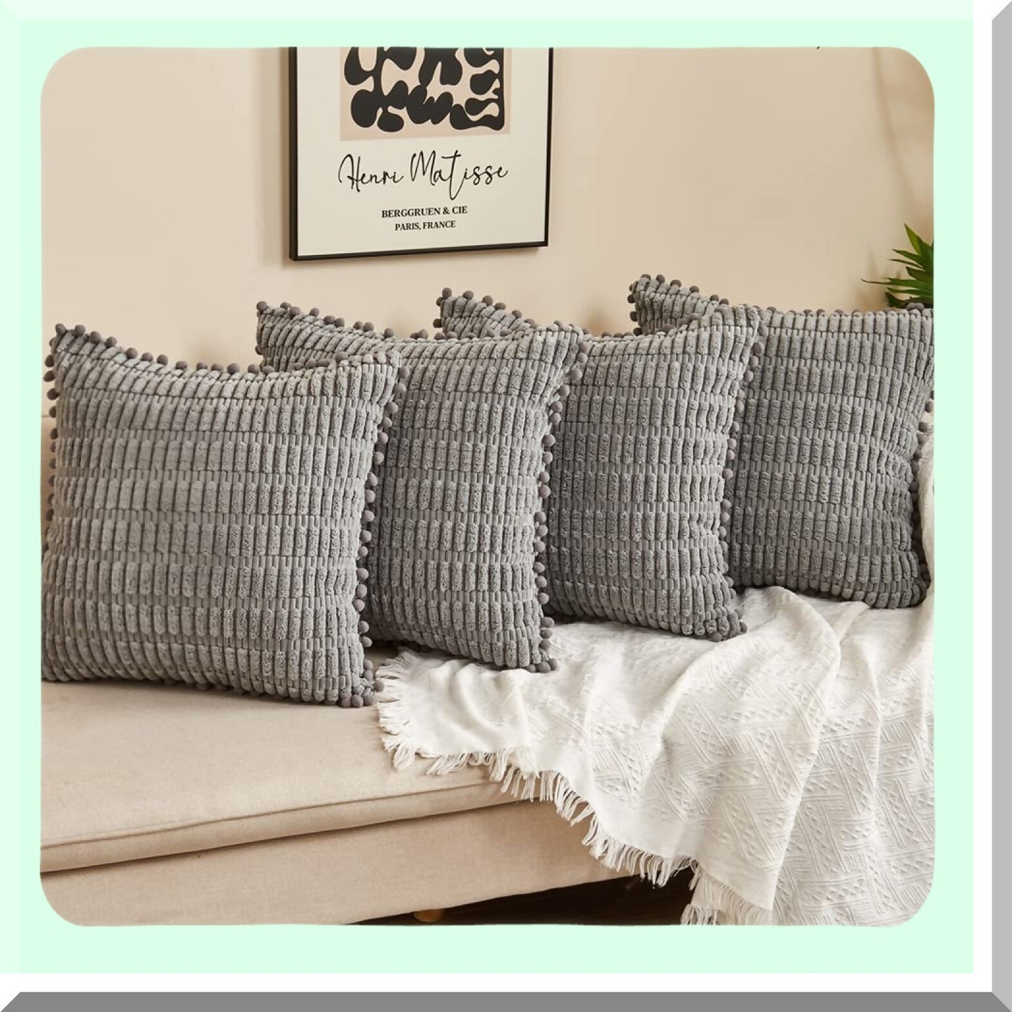 Boho Pom-Pom Cushion Covers - Set of 4 Grey Corduroy Throw Pillow Cases 16x16 for Couch Sofa Bed - Decorative Living Room Accessories