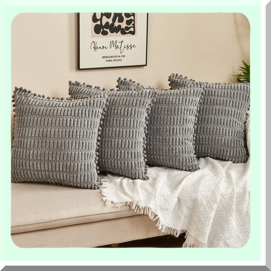 Boho Pom-Pom Cushion Covers - Set of 4 Grey Corduroy Throw Pillow Cases 16x16 for Couch Sofa Bed - Decorative Living Room Accessories