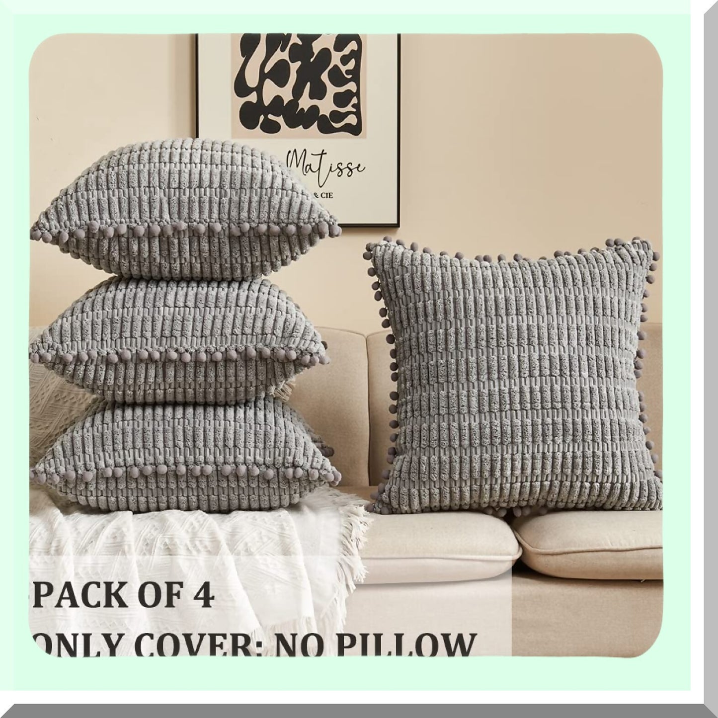 Boho Pom-Pom Cushion Covers - Set of 4 Grey Corduroy Throw Pillow Cases 16x16 for Couch Sofa Bed - Decorative Living Room Accessories