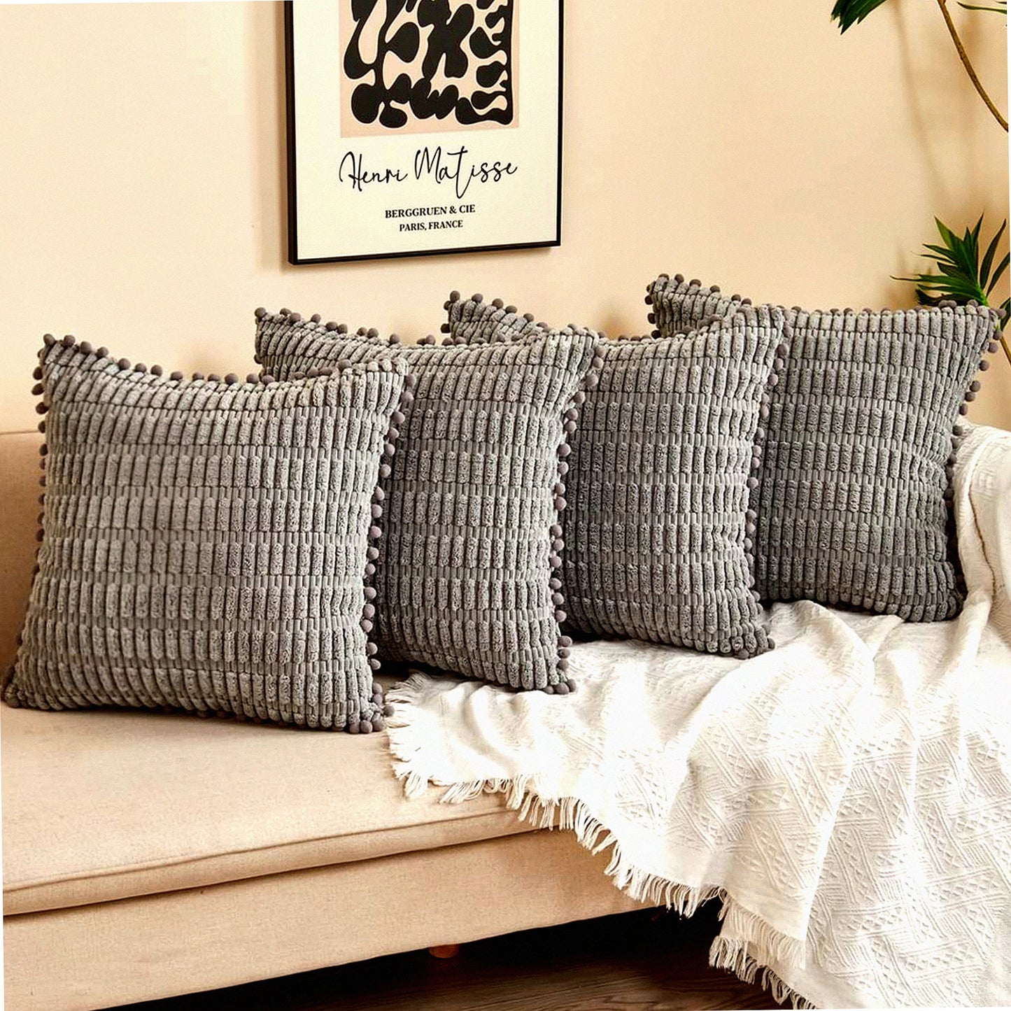 Boho Pom-Pom Cushion Covers - Set of 4 Grey Corduroy Throw Pillow Cases 16x16 for Couch Sofa Bed - Decorative Living Room Accessories