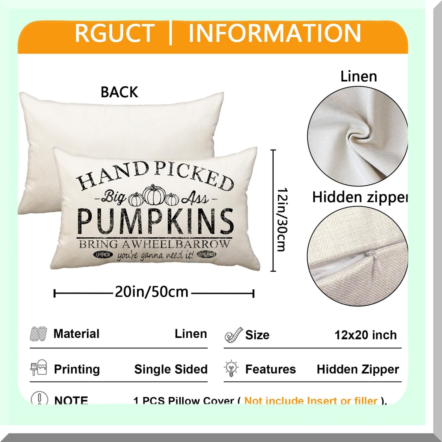 Pumpkin Harvest Lumbar Pillow Cover - Fall Farmhouse Decor - Outdoor Decorative Cushion Case - 12x20 Inch Throw Pillow - Autumn Home Decor - Couch Pillow