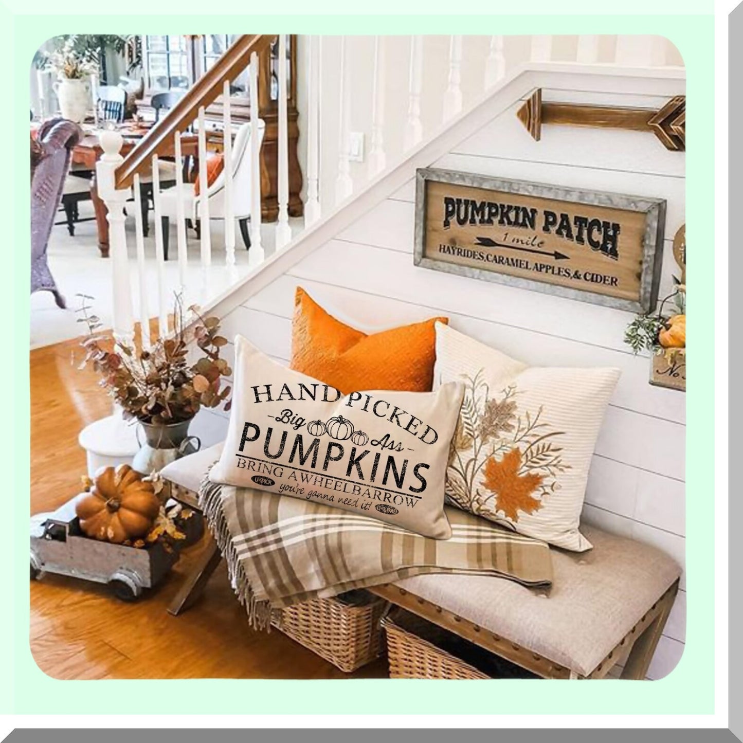 Pumpkin Harvest Lumbar Pillow Cover - Fall Farmhouse Decor - Outdoor Decorative Cushion Case - 12x20 Inch Throw Pillow - Autumn Home Decor - Couch Pillow