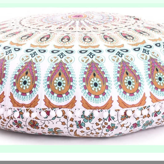 Boho Chic Pom Pom Floor Pillow - Blue Cushion Seating Cover with Hippie Bohemian Decor, Large Ottoman Poufs, Brown Pigment, Decorative Cases