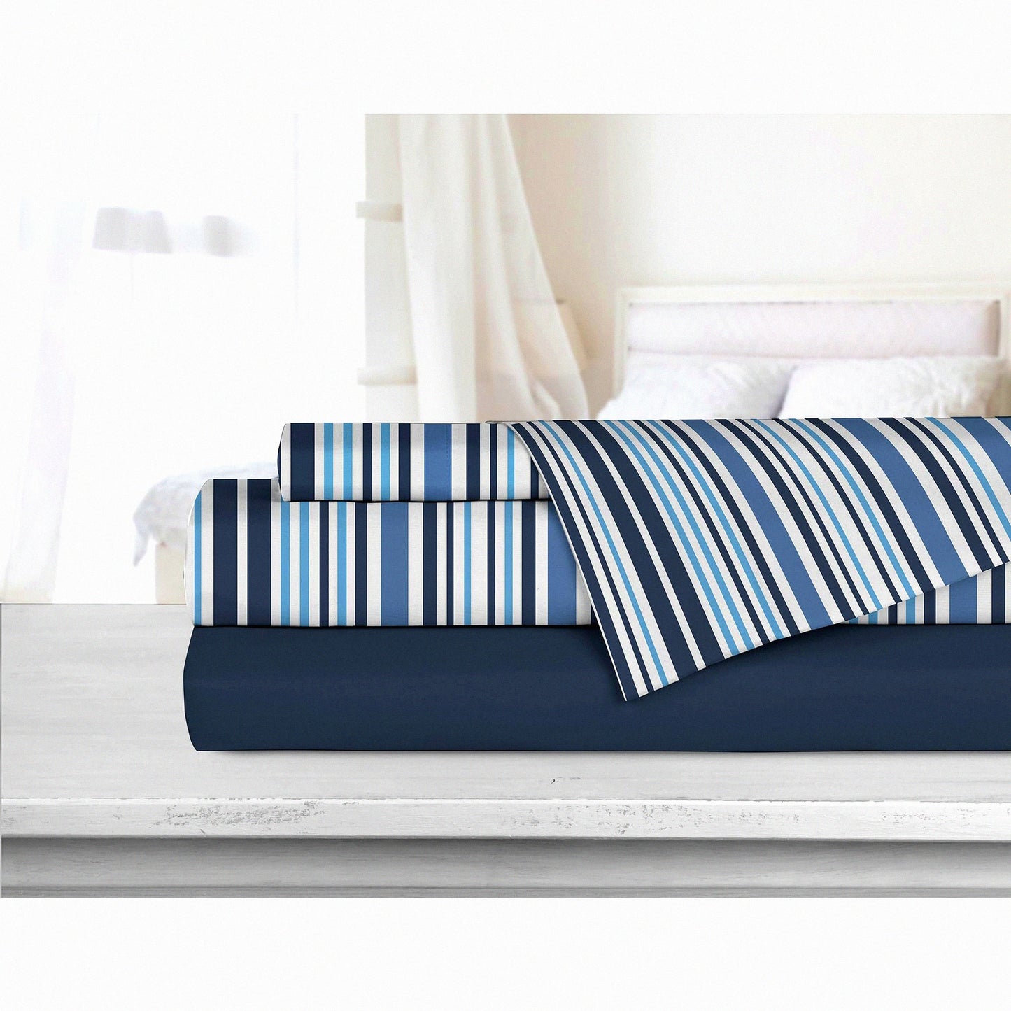 Breathable Hotel Comfort Queen Bedding Set - Cozy Microfiber Sheets & Pillowcases, Deep Pockets, Wrinkle & Fade Resistant - Navy Blue, 4 Piece
