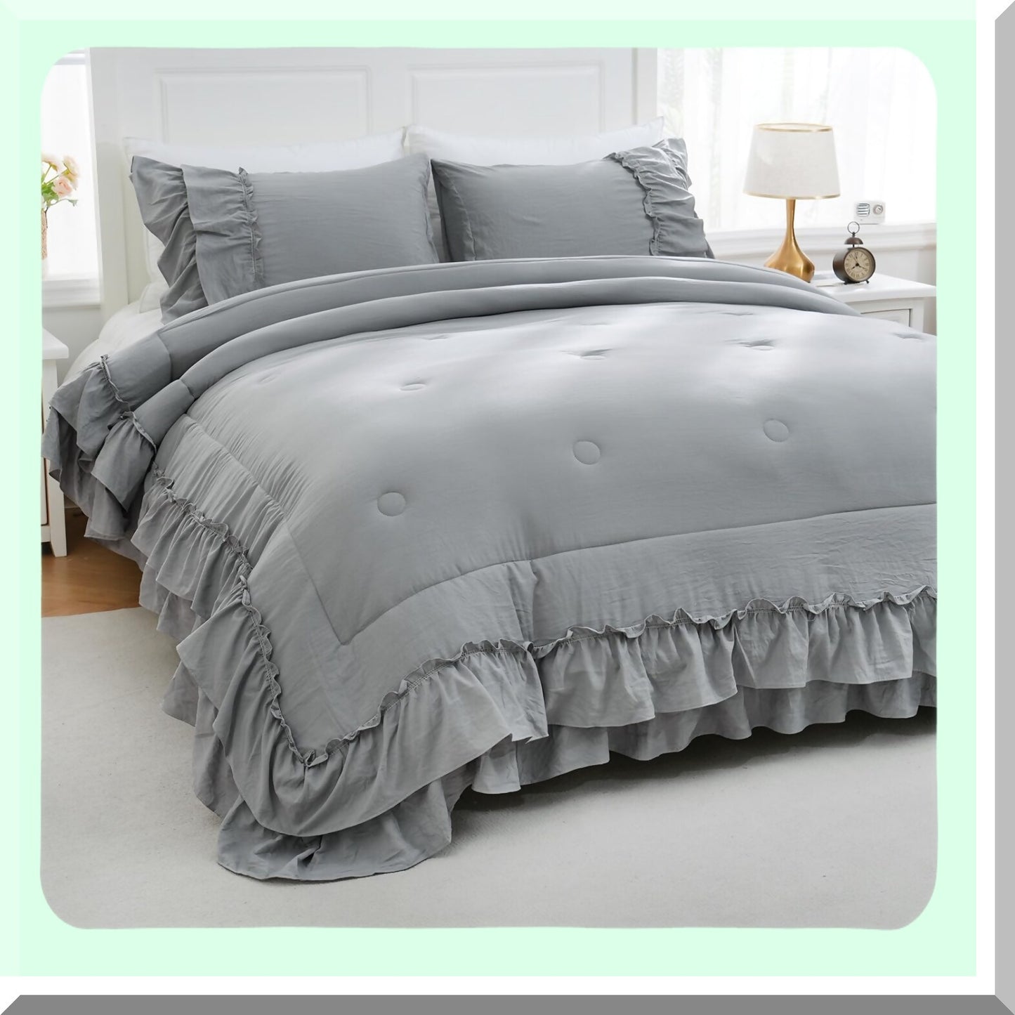 Ruffle Chic Boho Comforter Set - Farmhouse Bedding with 2 Layers of Ruffles, Bohemian Style, Shabby Chic Design, Includes 1 Comforter and 2 Pillowcases in Grey Color