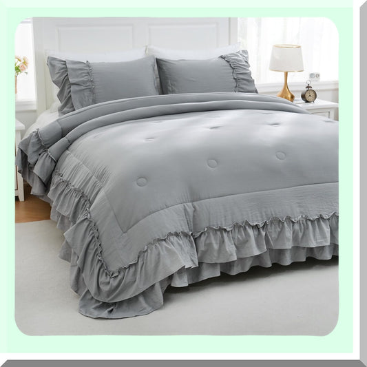 Ruffle Chic Boho Comforter Set - Farmhouse Bedding with 2 Layers of Ruffles, Bohemian Style, Shabby Chic Design, Includes 1 Comforter and 2 Pillowcases in Grey Color