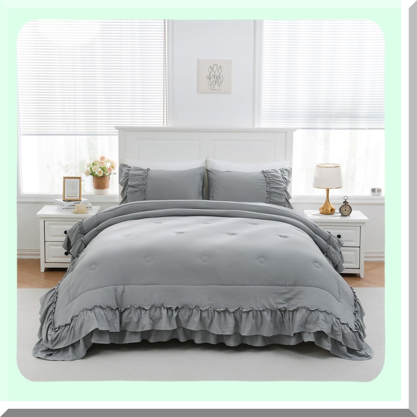 Ruffle Chic Boho Comforter Set - Farmhouse Bedding with 2 Layers of Ruffles, Bohemian Style, Shabby Chic Design, Includes 1 Comforter and 2 Pillowcases in Grey Color