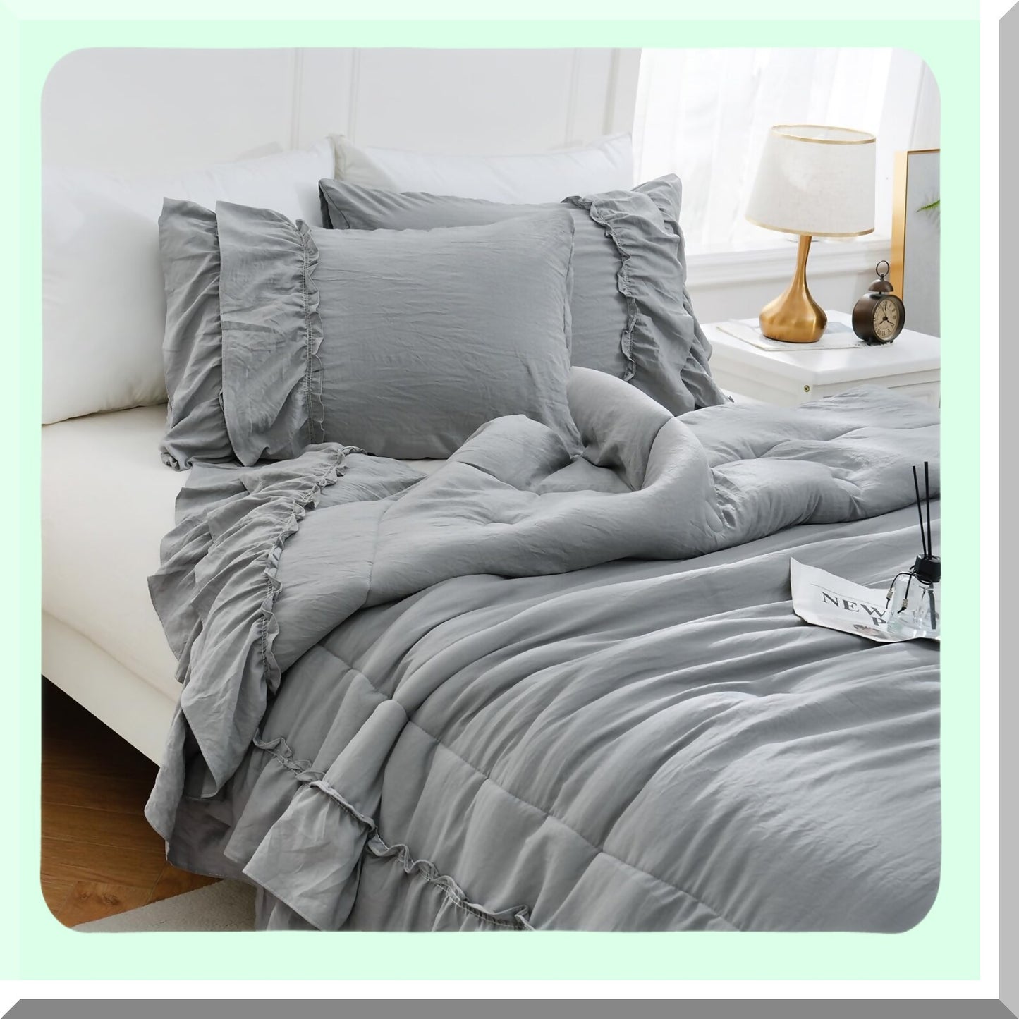 Ruffle Chic Boho Comforter Set - Farmhouse Bedding with 2 Layers of Ruffles, Bohemian Style, Shabby Chic Design, Includes 1 Comforter and 2 Pillowcases in Grey Color